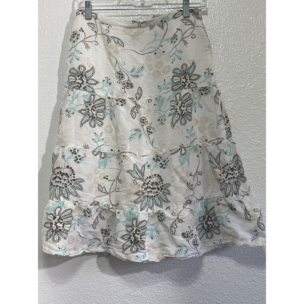 Olsen Europe White Floral Tiered Ramie Linen Sequin Midi Skirt Womens Size 2 US